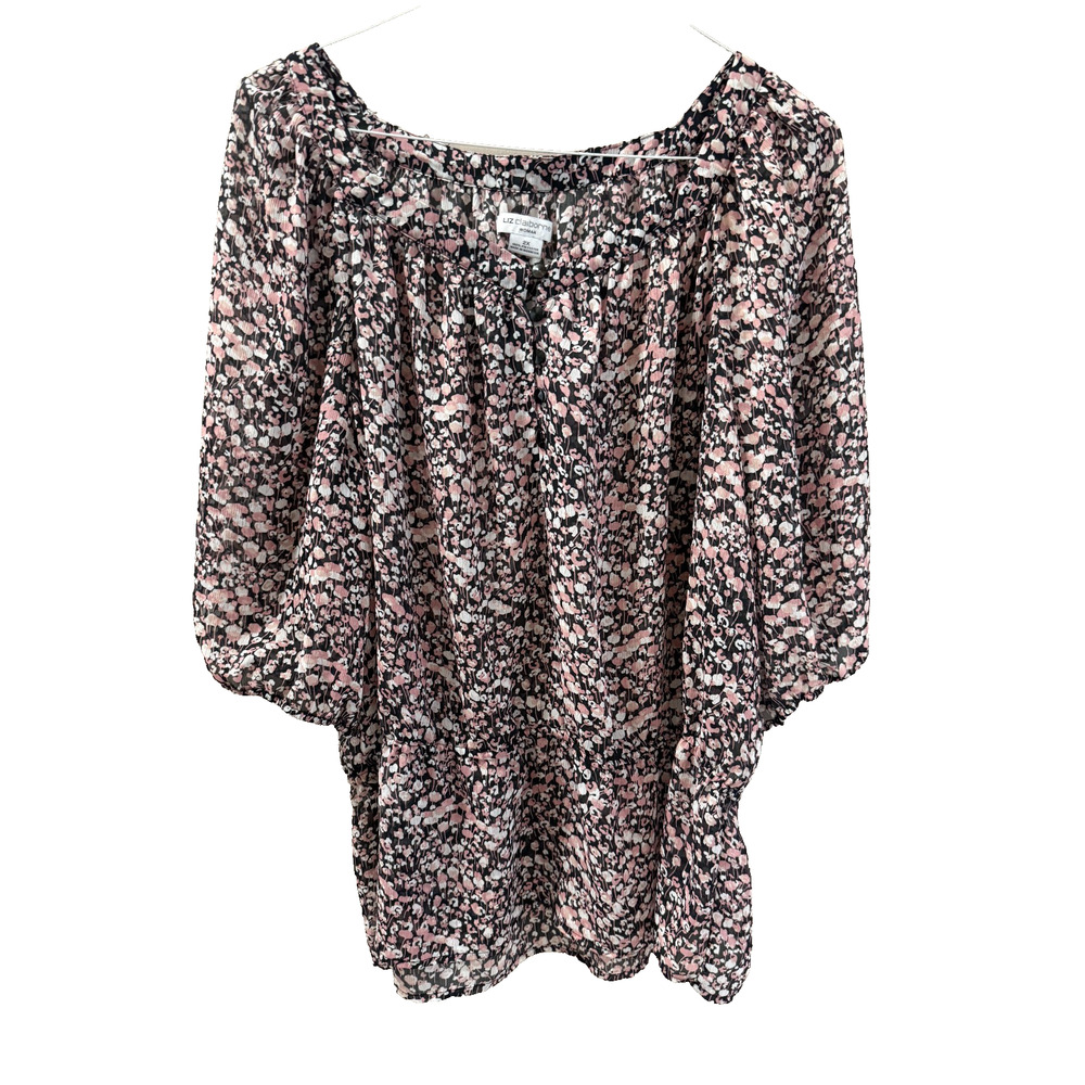 Liz Claiborne Womens 2X Sheer Floral Blouse Pink/Black Peplum Boho Cottagecore